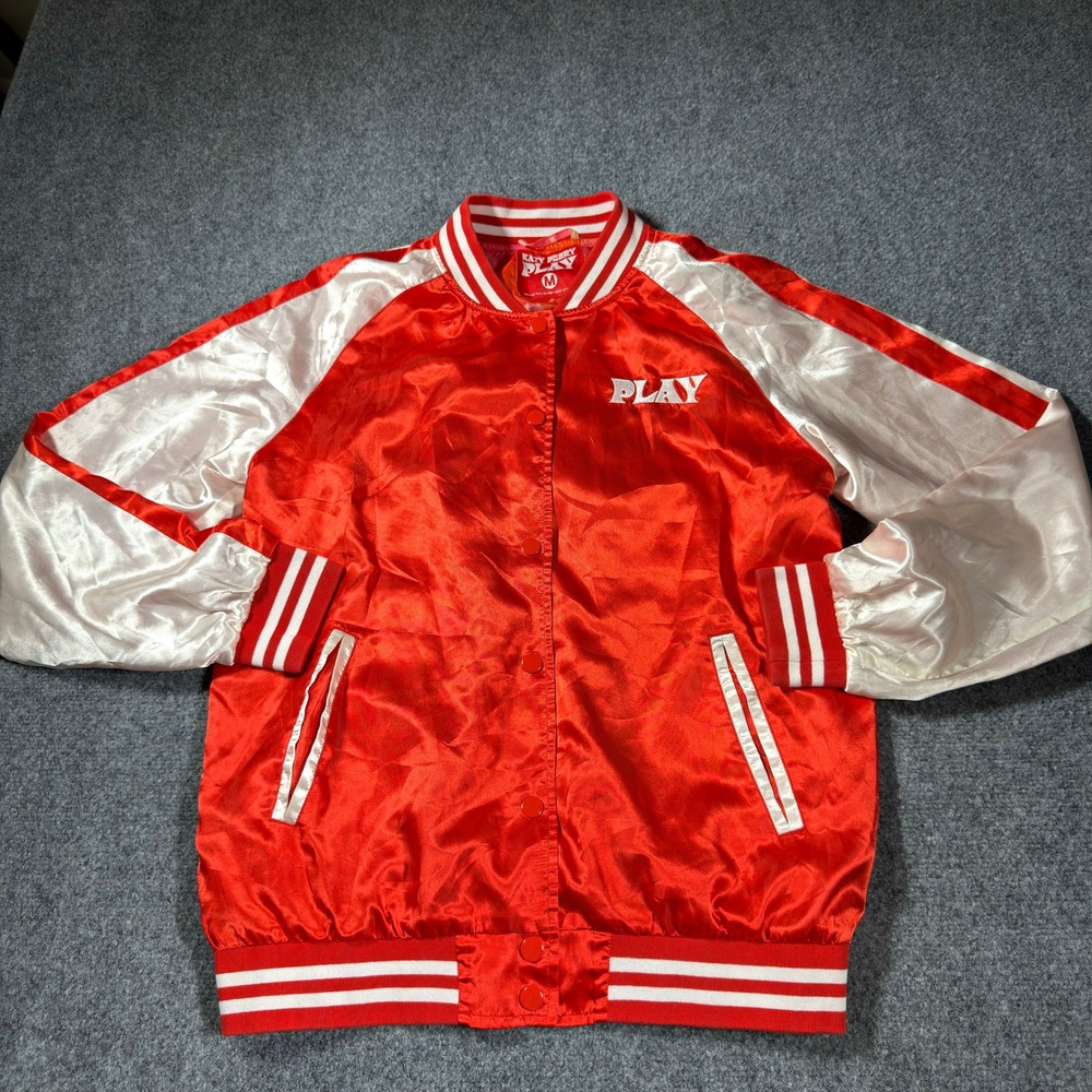 Katy Perry Bomber Jacket Medium Red White Satin Play Las Vegas Embroidery Snap